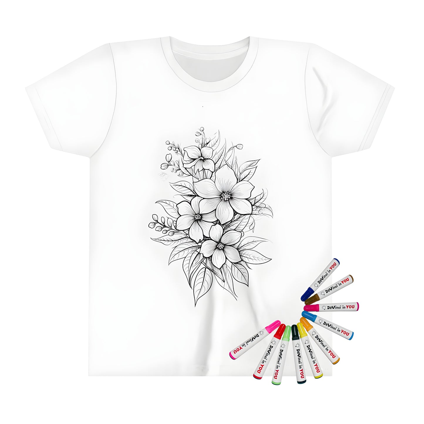 Kid's t-shirt with vibrant floral design featuring blooming flowers and leaves, perfect for little artists