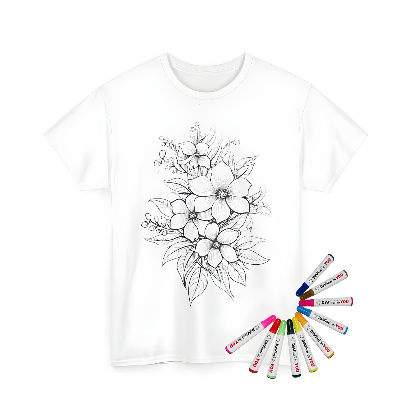 Unisex t-shirt with intricate black and white illustration of flowers blooming, leaves, and botanical style