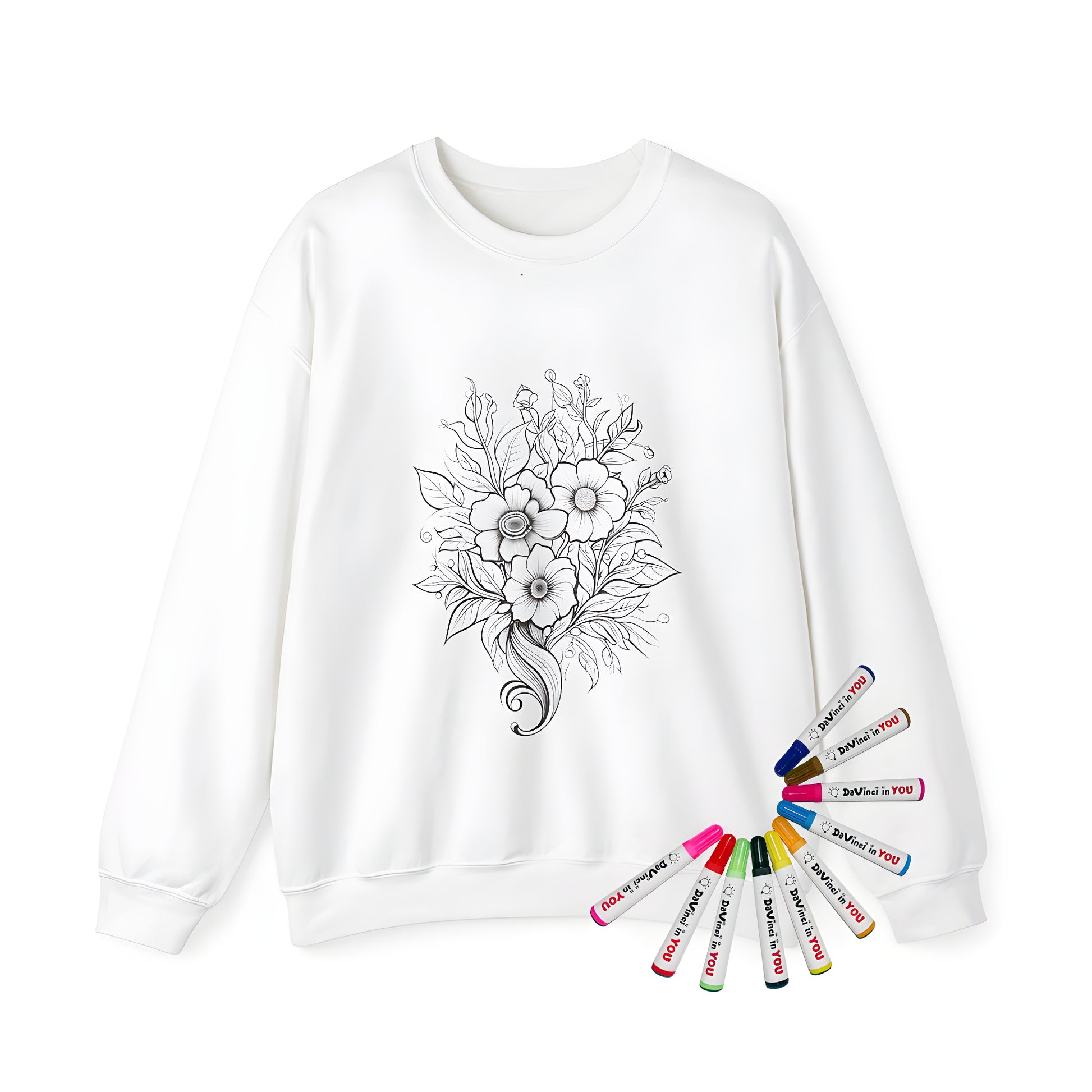 Adult sweatshirt with coloring page floral bouquet design