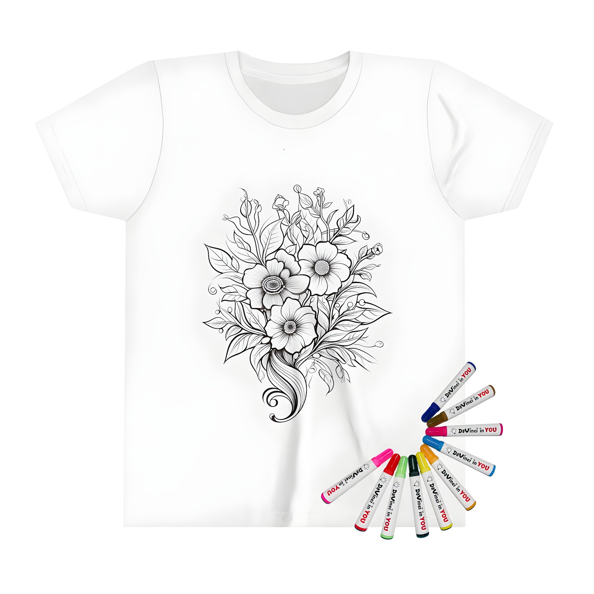 Colorful kid's t-shirt featuring a floral design with large flowers and leaves for boys and girls