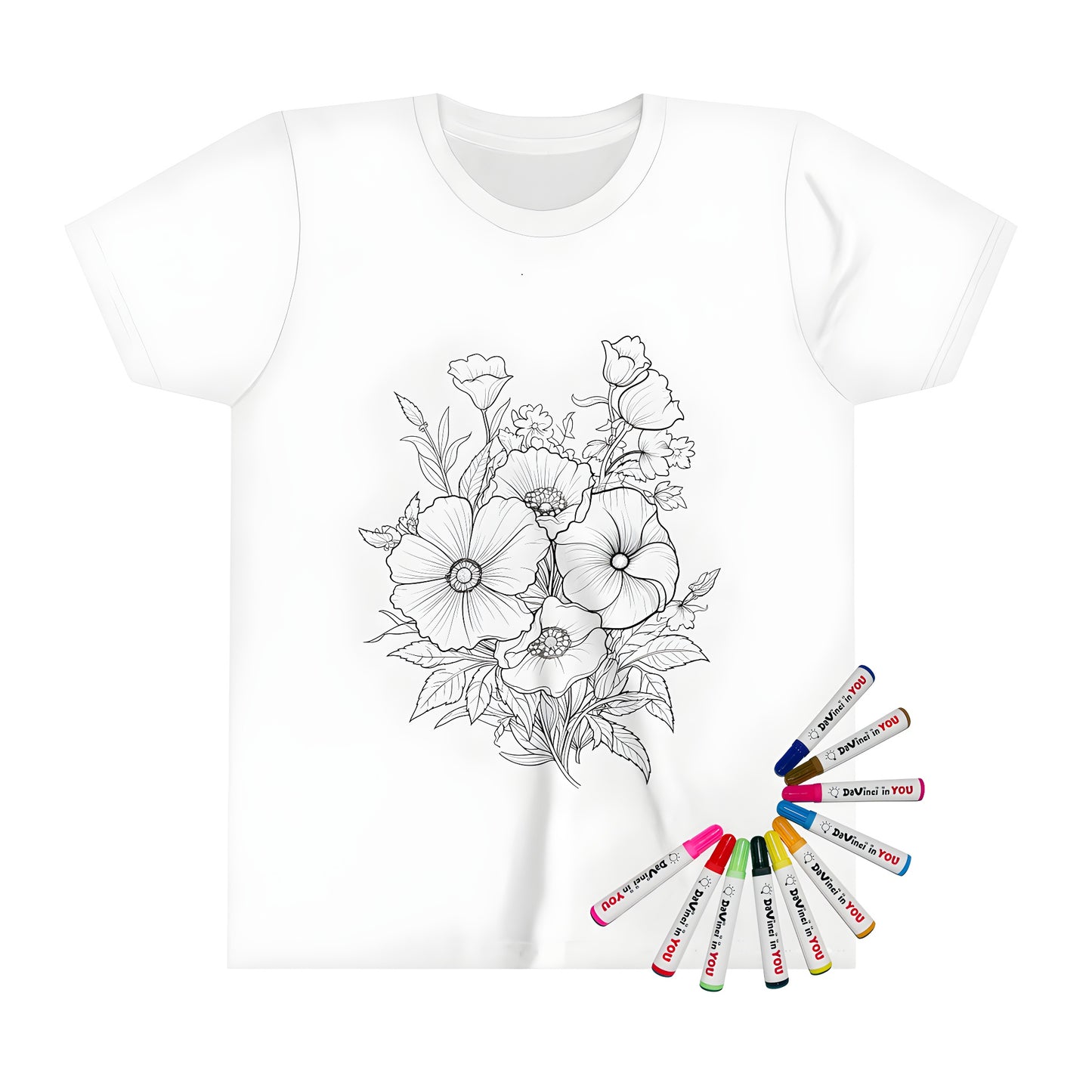 Detailed illustration of a kid's t-shirt featuring a colorful bouquet, flowers and leaves design