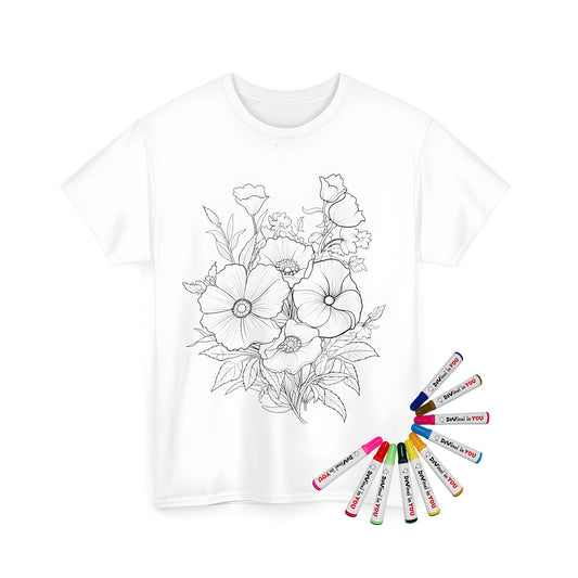 Unisex t-shirt with colorful bouquet design featuring poppy flowers and leaves