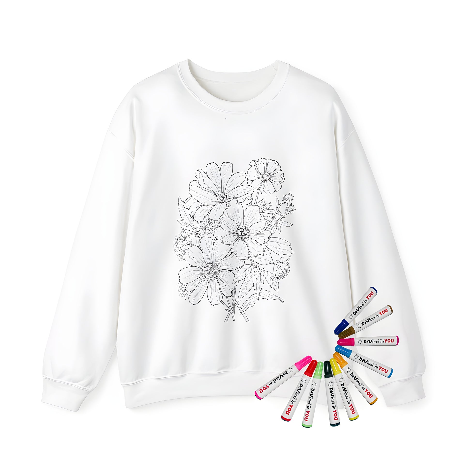 Adult sweatshirt with colorful floral design, featuring blooming flowers and lush greenery