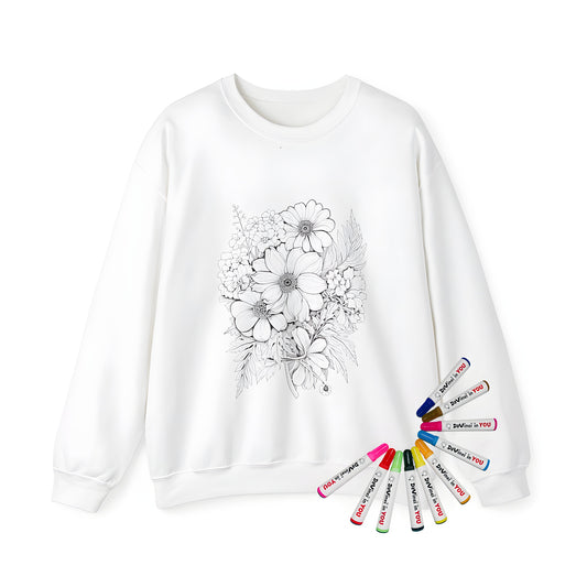 Adult sweatshirt with intricate floral bouquet design featuring blossoms and leaves, perfect for coloring