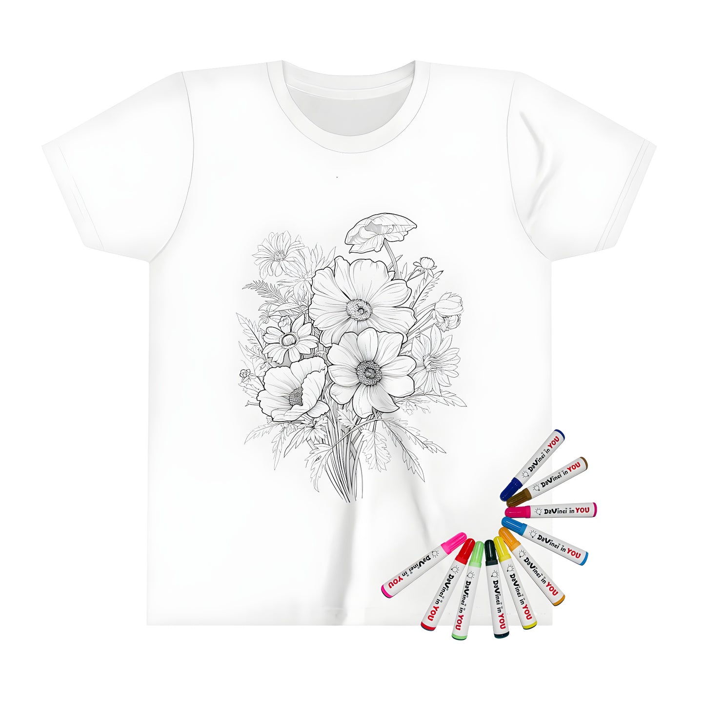 Coloring kit for kids' t-shirt with bouquet design featuring flowers, petals, stems, and leaves