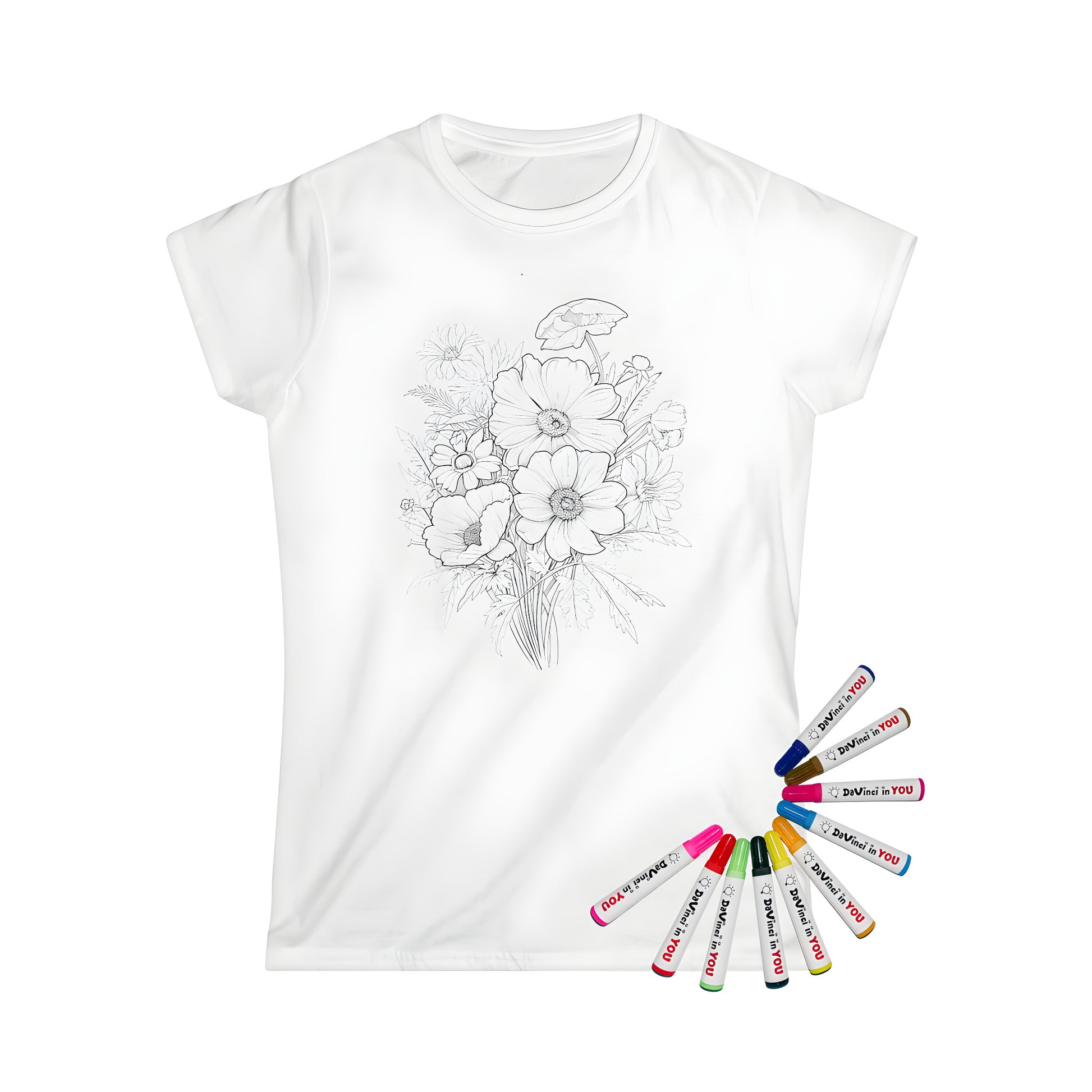 Women's t-shirt with colorful bouquet illustration of flowers, intricate petals, stems, and leaves