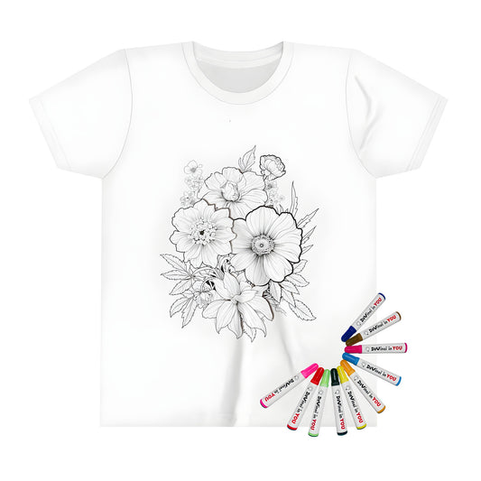 Colorful kids t-shirt featuring an intricate black and white floral arrangement illustration with a bouquet of flowers, leaves, and stems - perfect for kids who love art