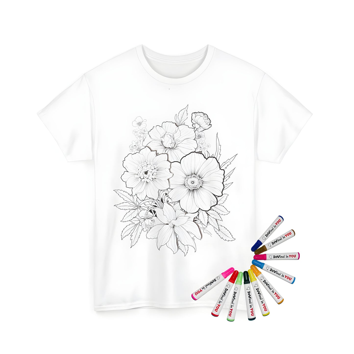 Coloring kit for unisex t-shirts featuring intricate black and white floral designs of bouquets, arrangements, and nosegays