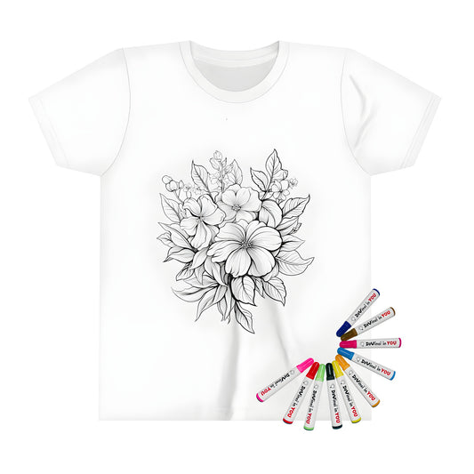 Kid's T-shirt with colorful flower arrangement design, featuring an intricate drawing of blossoms and leaves