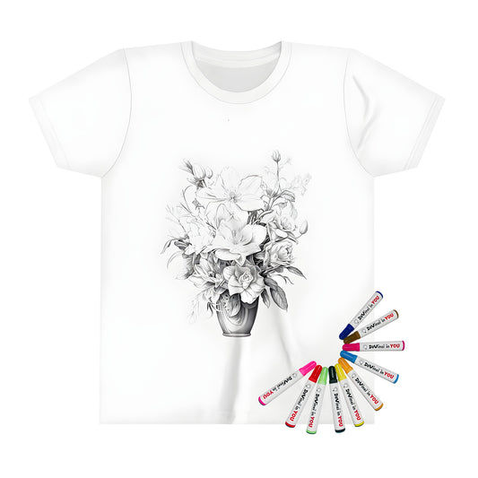 Kids t-shirt featuring a grayscale drawing of flowers in a vase, diverse bouquet design, colorful fabric markers included