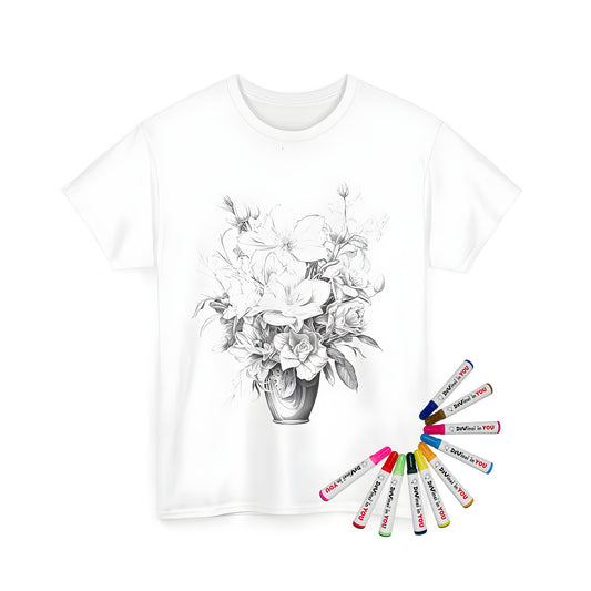 A grayscale drawing of a diverse bouquet of flowers in a vase on a unisex t-shirt, showcasing detailed petals and leaves