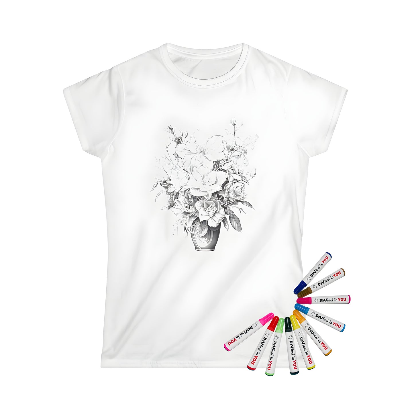 Women's T-shirt featuring colorful bouquet art with flowers in a vase, diverse floral arrangement with detailed petals and leaves on a comfortable casual wear top