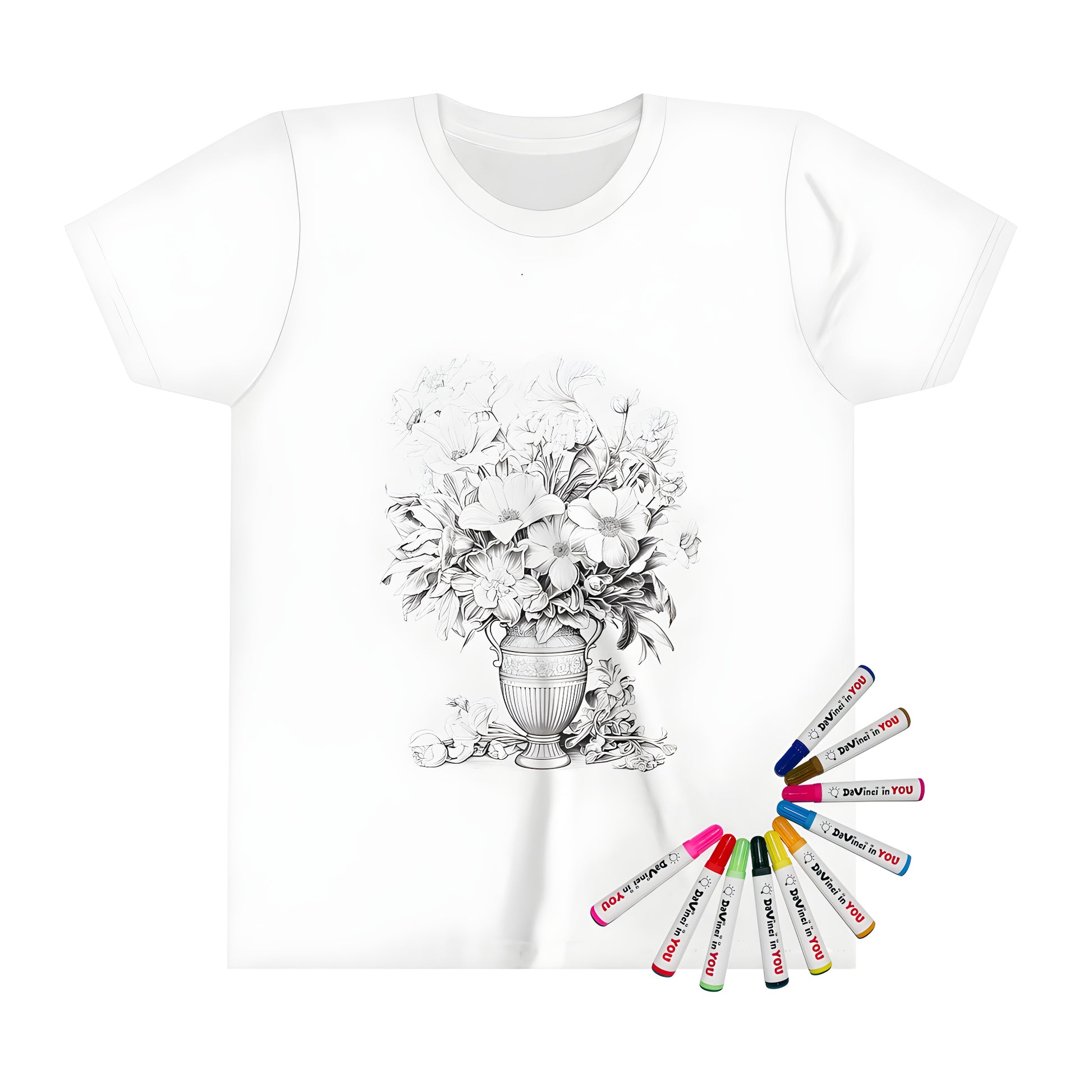 Vase flower design t-shirt for kids - detailed black and white illustration of flowers in an antique container