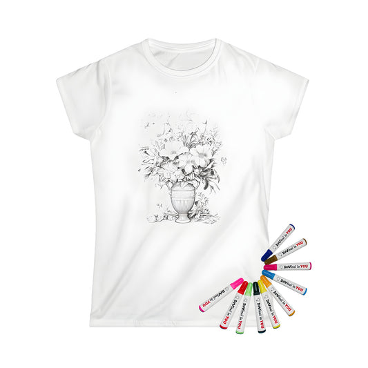 Women's T-shirt featuring a beautiful floral arrangement in an antique vase illustration, ideal for coloring and creativity