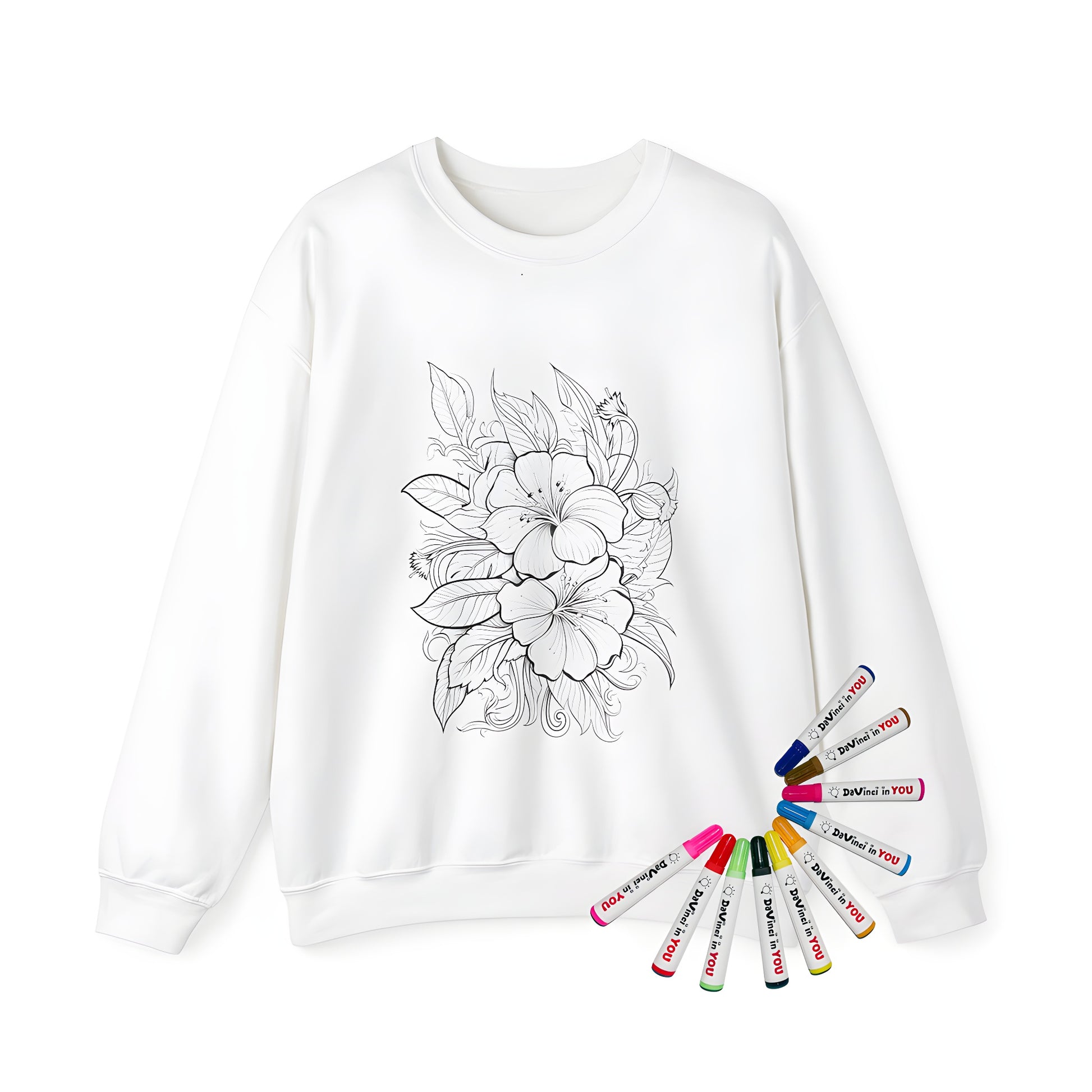 Adult sweatshirt featuring an intricate black and white line art floral design with hibiscus flowers and leaves