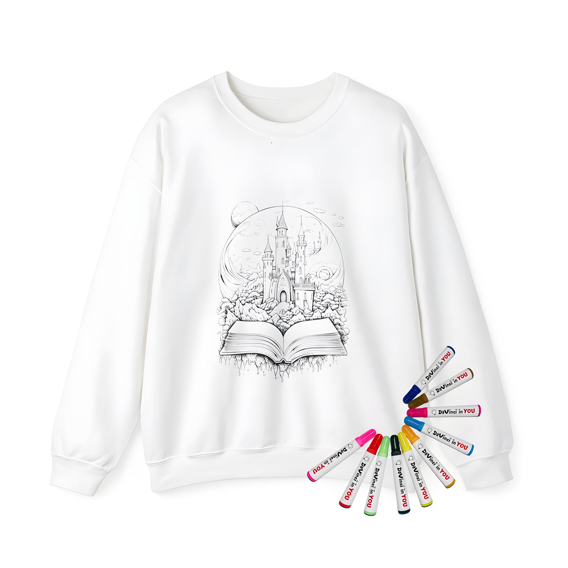 Adult sweatshirt with colorful fantasy castle illustration