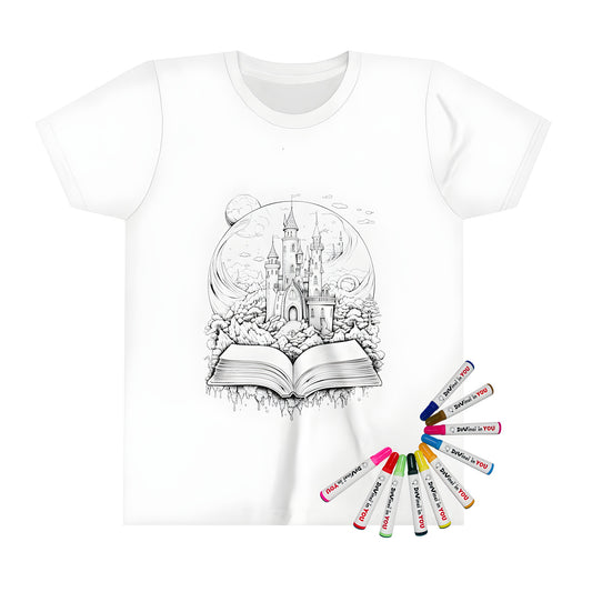 Detailed fantasy medieval castle illustration on a kid's t-shirt, emerging from an open book with clouds and trees