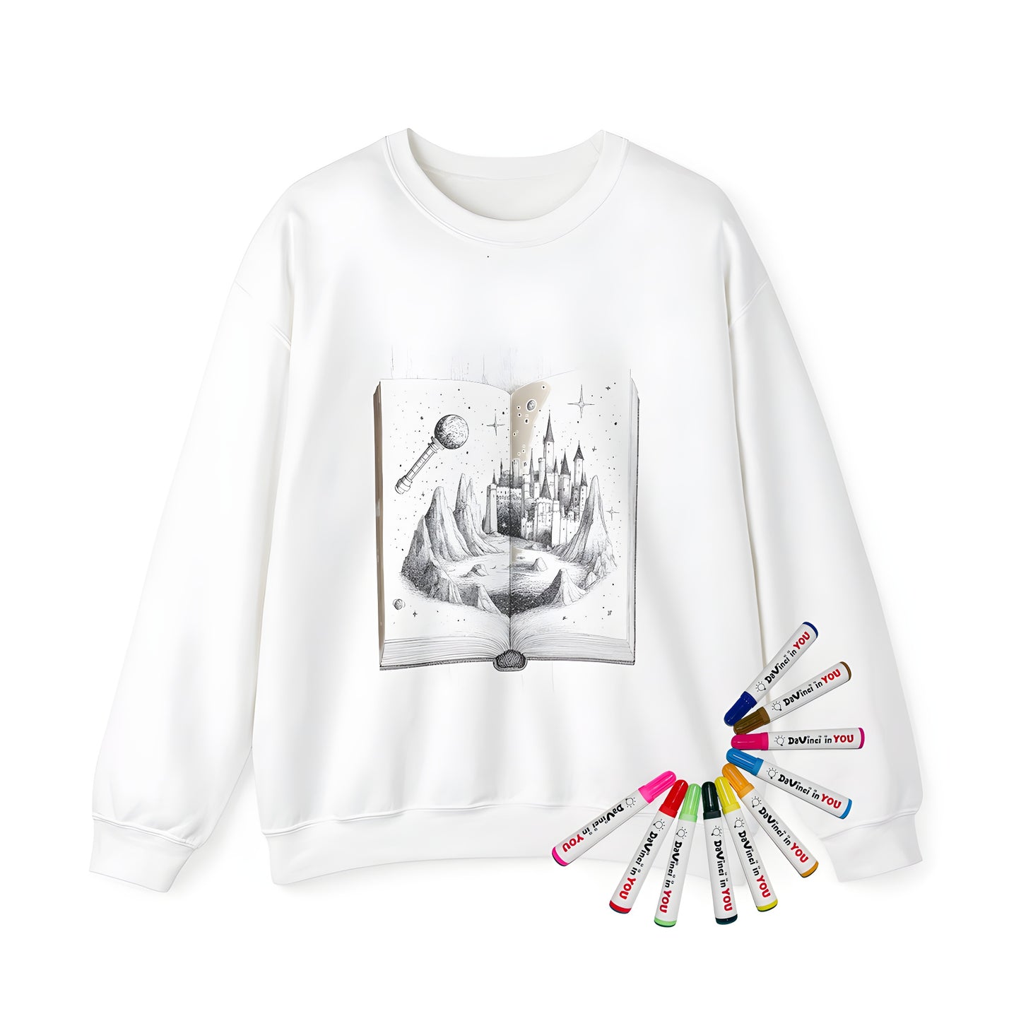 Adult sweatshirt with magic kingdom coloring page design featuring a majestic castle, mountains, telescope, moon, and stars