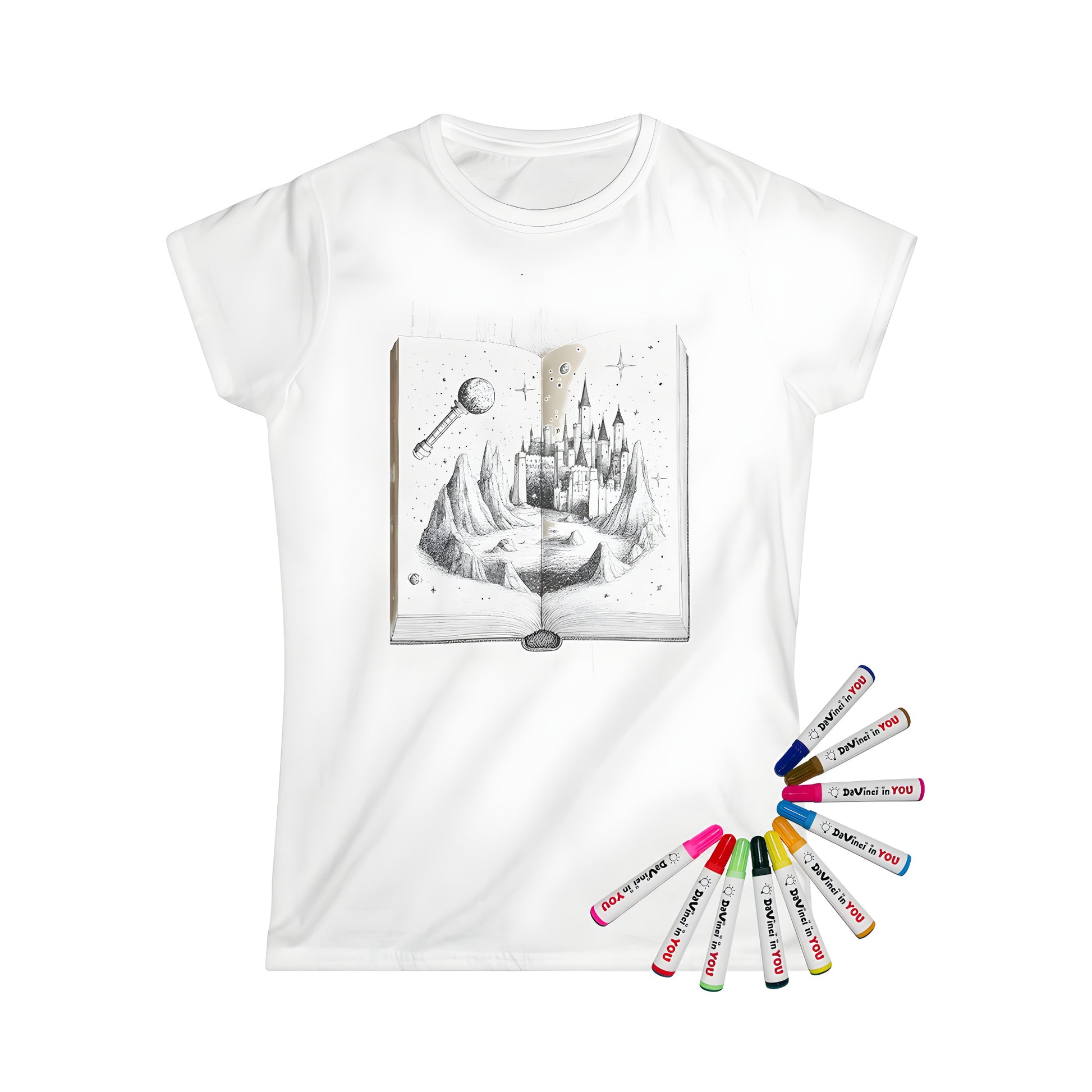 Enchanted castle illustration women's t-shirt with fabric markers