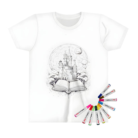 Kids' graphic t-shirt featuring an enchanting castle scene with a magical atmosphere