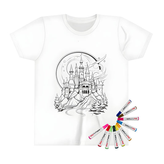 Kid's coloring shirt featuring a castle drawing with turrets on a mountain landscape, black and white illustration.