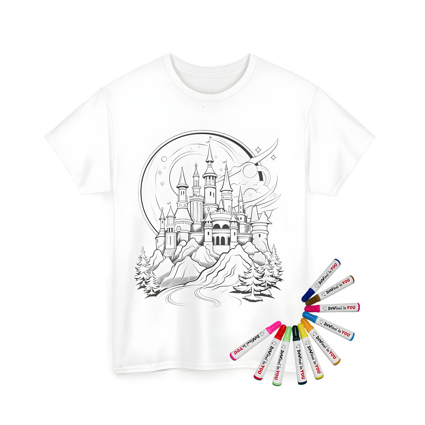 Unisex T-shirt featuring a colorful castle design with turrets on a mountainous landscape