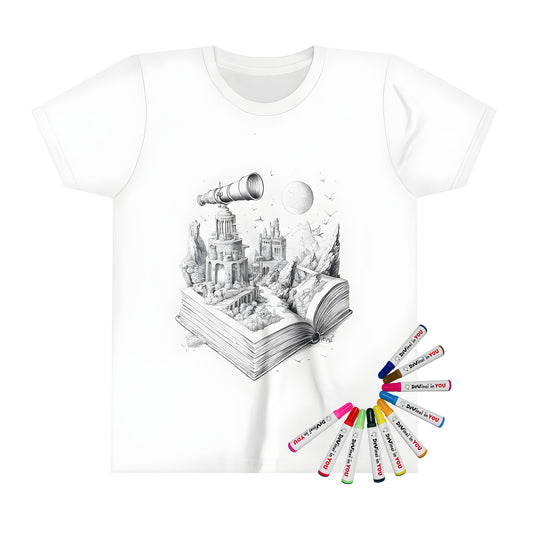 Kid's T-shirt featuring an intricate fantasy world design with castles, telescope, mountains and birds emerging from a book