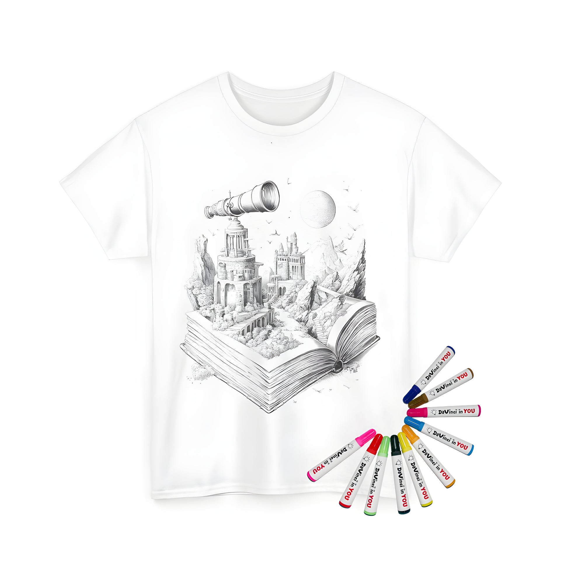 Fantasy World Unisex T-Shirt with intricate drawing of castles, telescope, mountains, and birds from an open book, perfect for coloring with our kit's 10 fabric markers