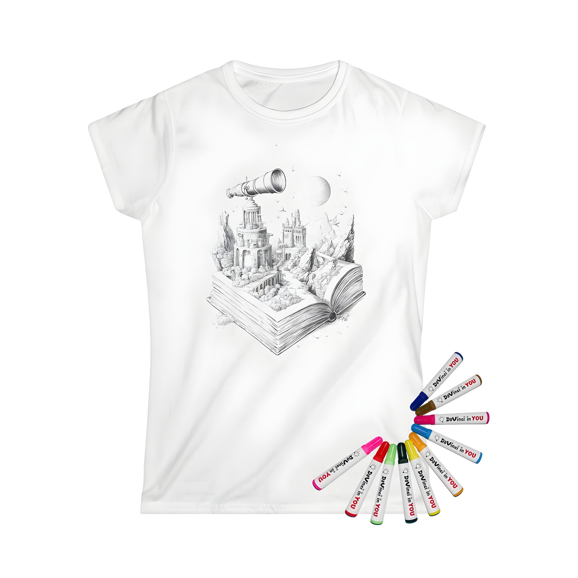 Colorful Women's T-shirt featuring an intricate fantasy world design with castles, telescope, mountains, and birds emerging from an open book.