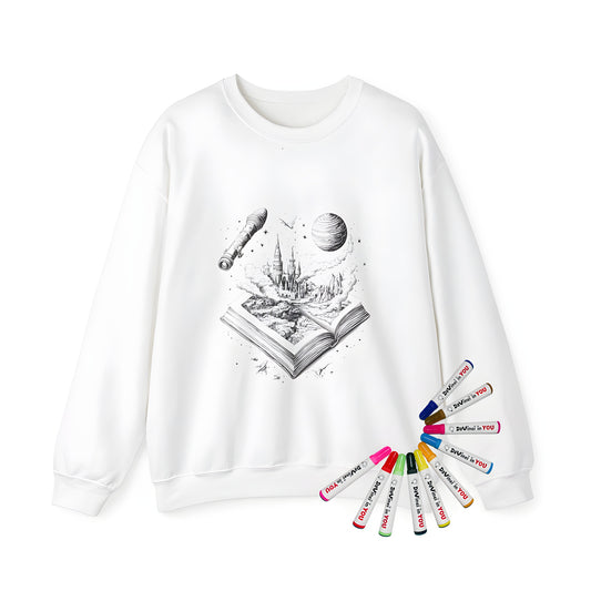 Adult coloring sweatshirt featuring a fantasy illustration of an open book showing a castle and mountains set against a cosmic backdrop with rockets and planets