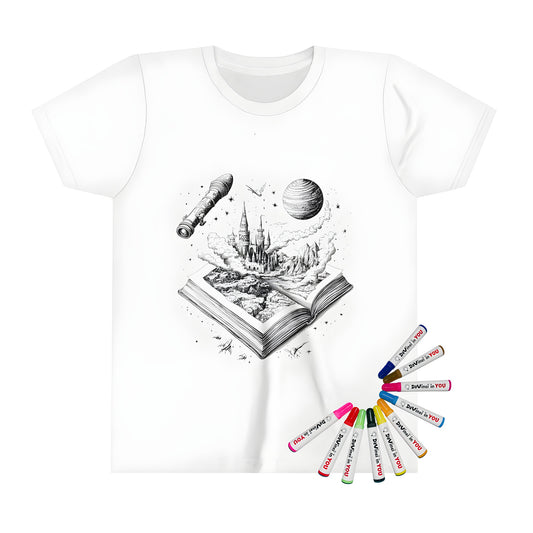 Space-themed kid's t-shirt with colorful illustrations of a castle, mountains, rockets, and planets.