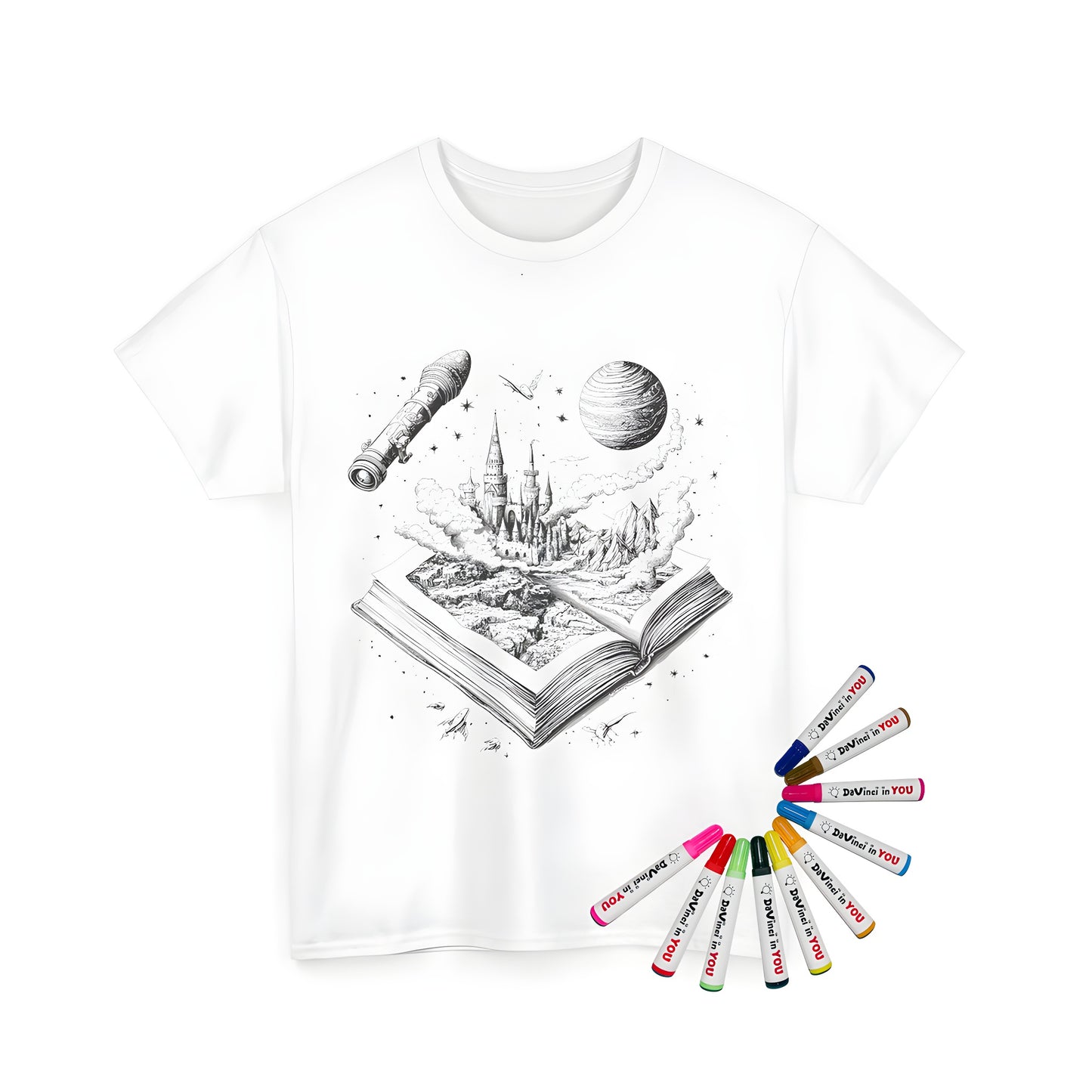 A vibrant Unisex T-shirt featuring an eye-catching coloring page design of a detailed fantasy illustration of an open book showing a castle and mountains set against a backdrop of space with rockets and planets.