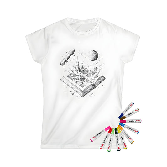 Women's T-shirt featuring vibrant coloring page design with castle, mountains, space, rockets, and planets. Color your way through the cosmos!