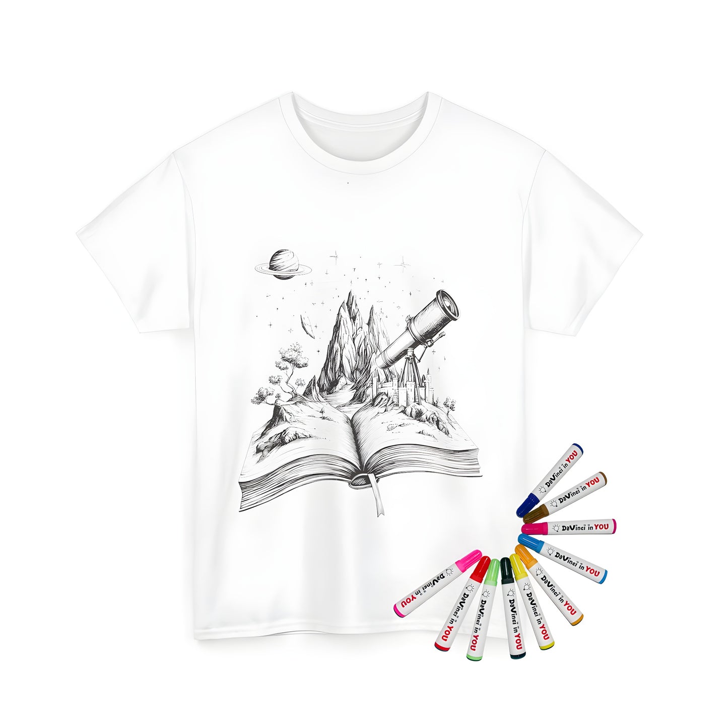 Unisex t-shirt featuring a colorful monochrome fantasy scene with a castle, mountain, and telescope emerging from an open book, complete with a planet and stars in the background. Made with vibrant fabric markers.