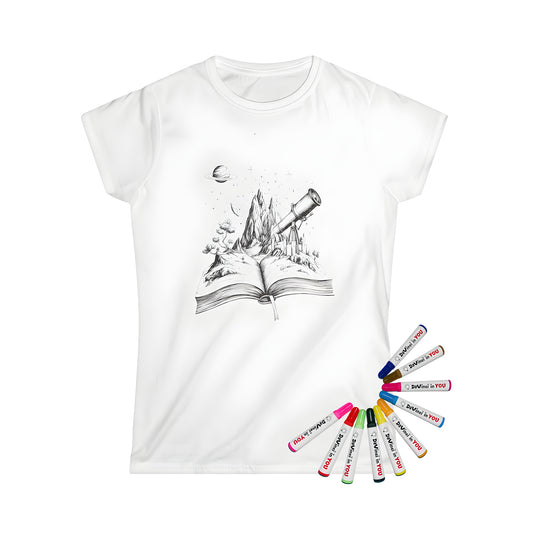 Women's T-shirt featuring a detailed Monochrome fantasy scene design with a castle, mountain, and telescope emerging from an open book, set against a background of a planet and stars