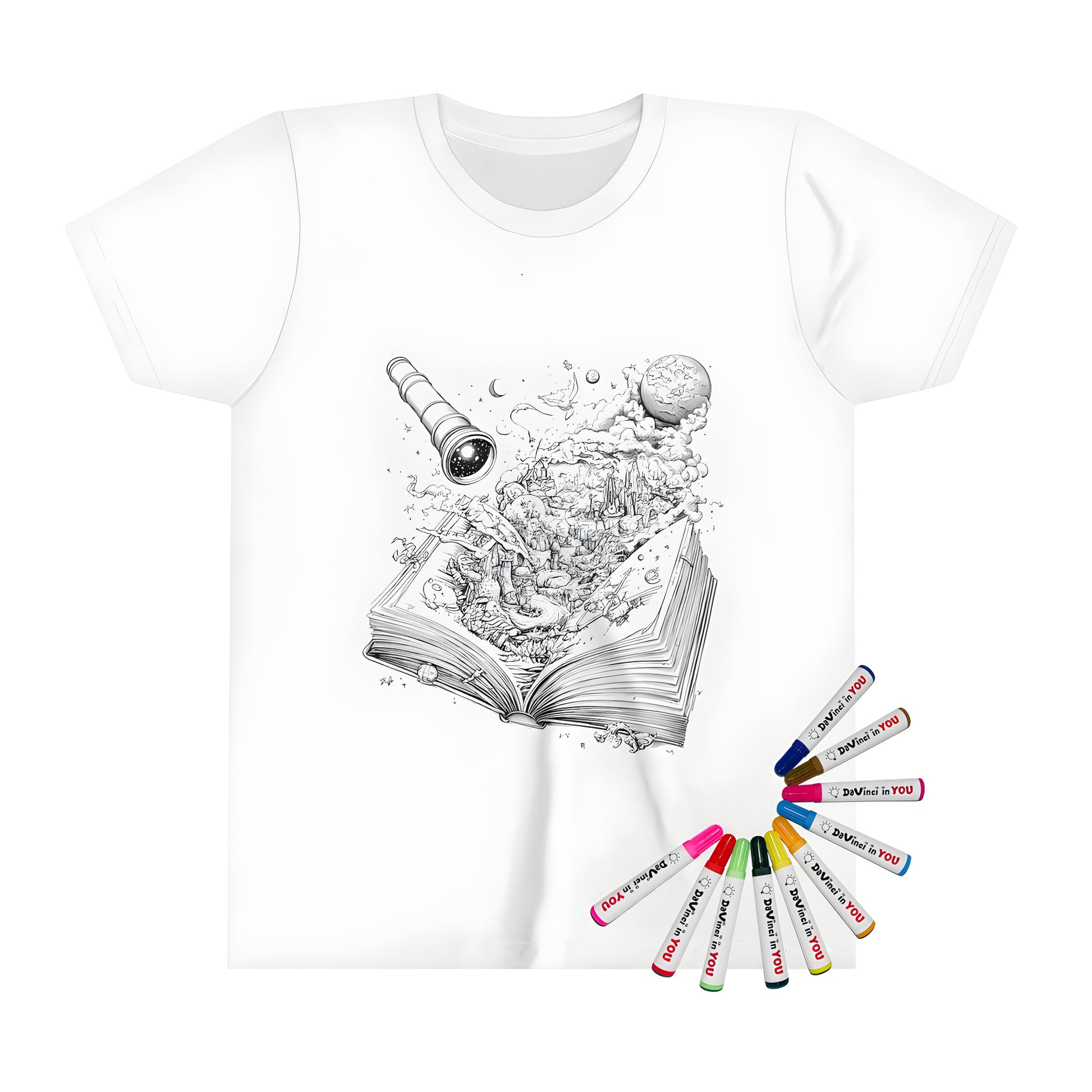 A colorful Kid's T-shirt featuring an imaginative world scene with a book, telescope, planets, stars, dragons, and castles. Perfect for kids who love to color and explore their creativity.