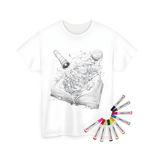 Fantastical world design on a Unisex T-shirt with 10 vibrant fabric markers for coloring