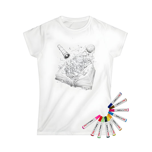 Women's coloring t-shirt featuring an open book revealing a fantastical world with celestial bodies, mythical creatures, and magical elements for adults