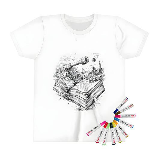 Kids' colorful t-shirt illustration featuring a magical book, fantasy creatures, and whimsical elements