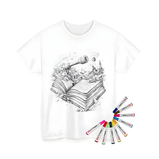 Coloring page inspired Unisex T-shirt featuring an open book with magical elements like telescopes, castles, mountains and birds emerging from it.