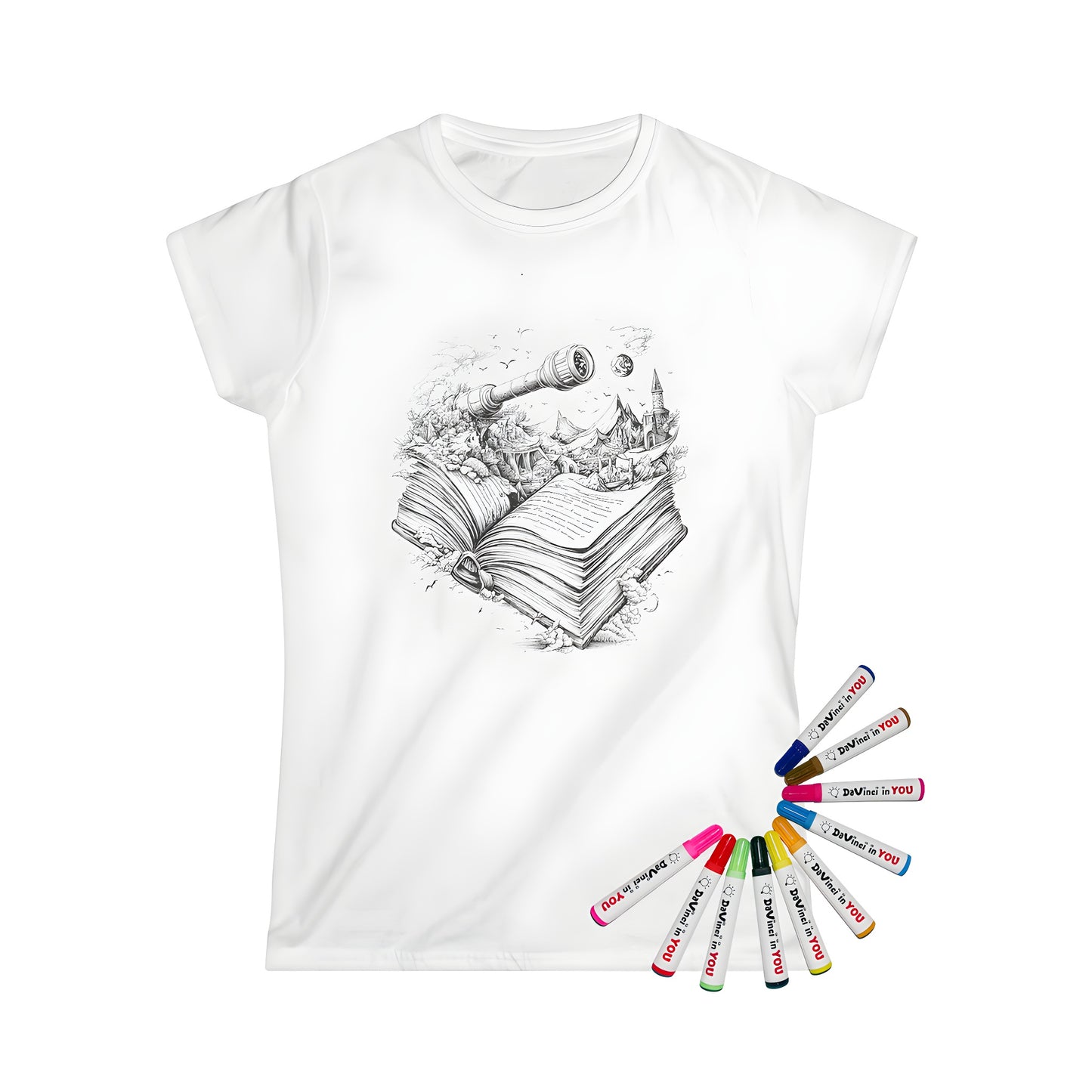 A colorful women's t-shirt featuring an enchanting illustration of an open book with magical elements like a telescope, castles, mountains, and birds emerging from it, perfect for fantasy fans, bookworms, and anyone who loves to color and create