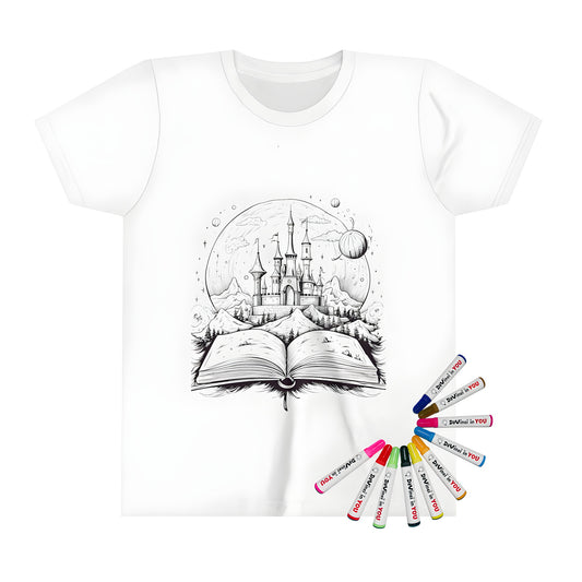 Colorful Kid's T-shirt featuring an intricate fantasy illustration of a castle rising from an open storybook, surrounded by mountains, planets, and clouds