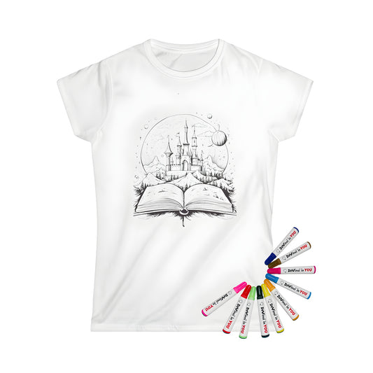 Cozy Women's T-Shirt with a whimsical castle illustration from an open storybook, surrounded by fantasy elements