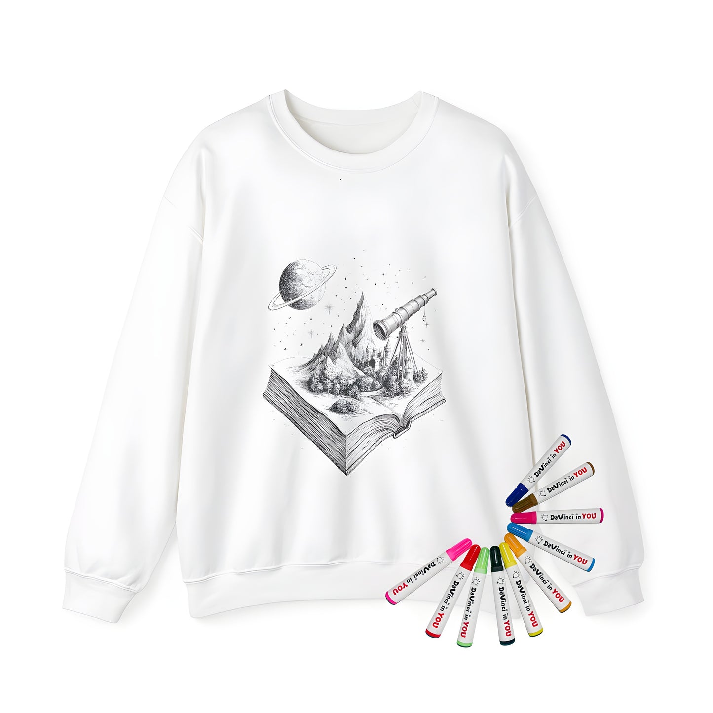 Adult sweatshirt with intricate fantasy design featuring castle, mansion, fortress, keep, palace, observatory, and telescope from a book, against mountains and ringed planet background