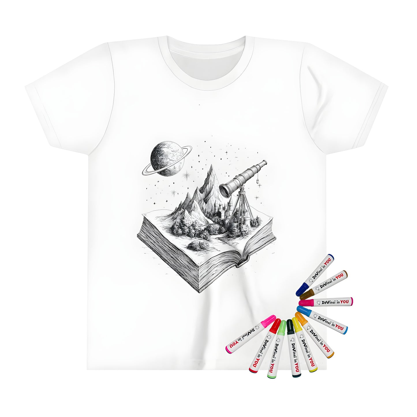 Colorful kid's t-shirt featuring an intricate fantasy design of a medieval fortress (castle), telescope, mountains, and planet, perfect for kids who love space and adventure.