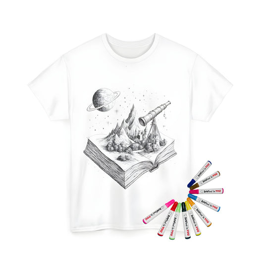 Coloring page-inspired Unisex T-shirt featuring an intricate fantasy illustration of a medieval fortress, observatory, and celestial bodies against a scenic backdrop