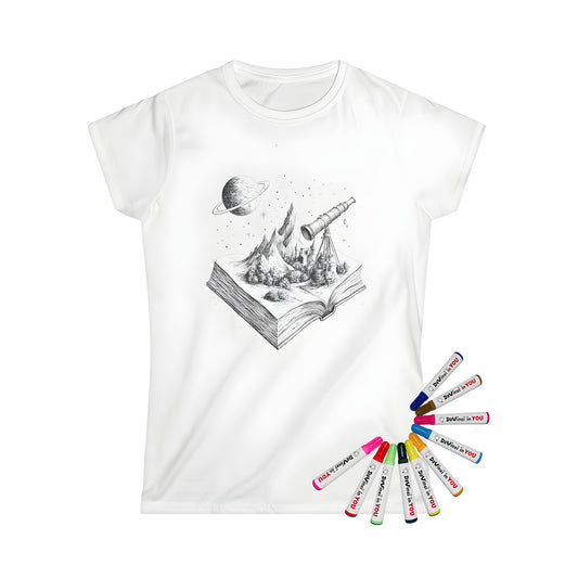 Woman's tee featuring a castle and telescope illustration from a coloring page design