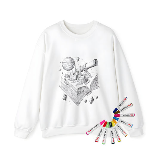 Adult sweatshirt featuring a whimsical Black and white illustration of an open book with a castle, telescope, planet, and asteroids, blending fantasy and astronomy.