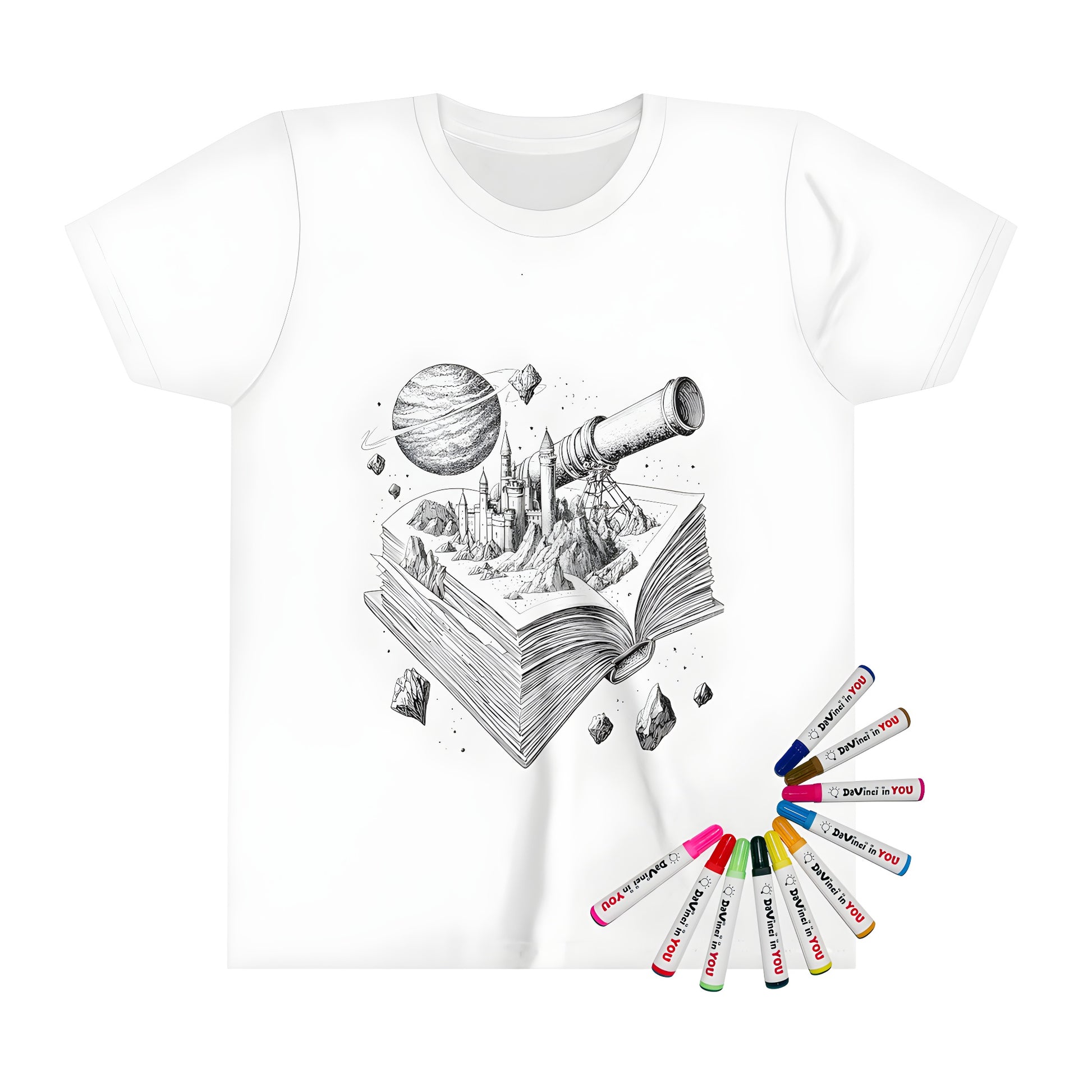 Coloring kit for kids featuring a castle in space design on a t-shirt, including 10 fabric markers