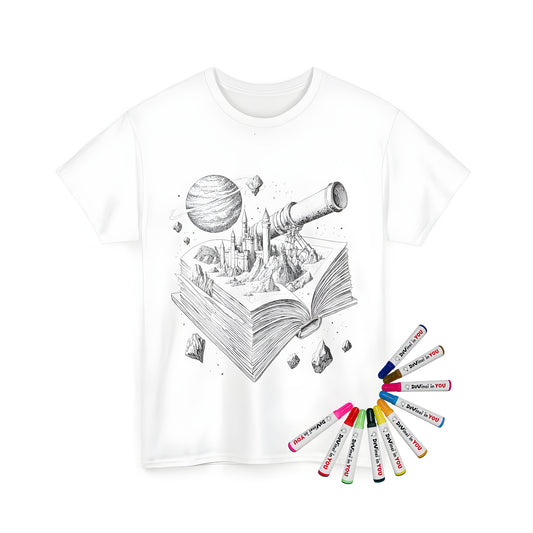 A high-quality photo of a unisex t-shirt featuring a unique castle-themed coloring kit design. The illustration on the t-shirt showcases an open book with a castle, telescope, planet, and asteroids, blending fantasy and astronomy elements.